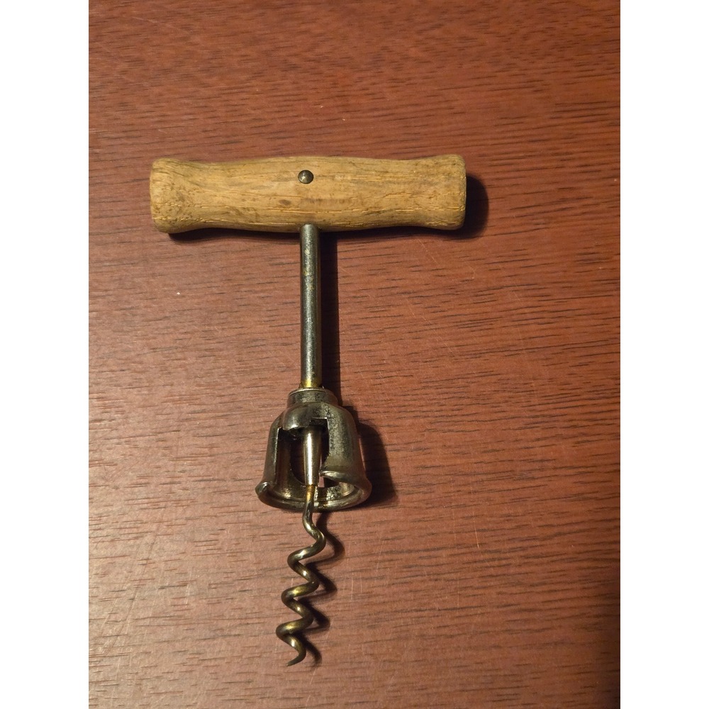 Vintage EKCO Wood T-Handle Bell Corkscrew Wine Bottle Opener Silver Tone Barware